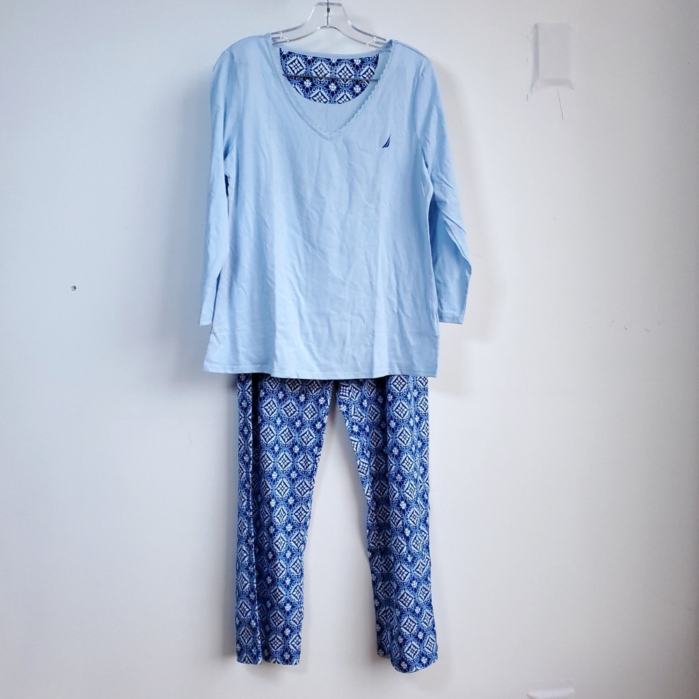 Nautica Cotton Pajama Set Top L Bottom XL Blue Oversized Loungewear Apres Ski